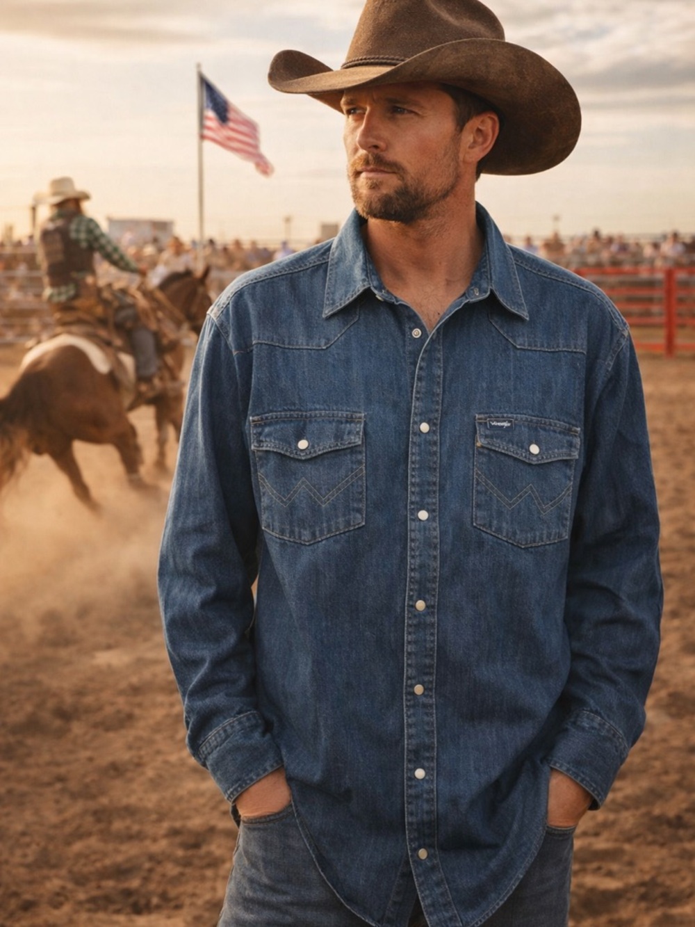 🤠Wrangler Denim Western Pearl Snap Shirt Rodeo Cowboy Workwear 2XT Big & Tall